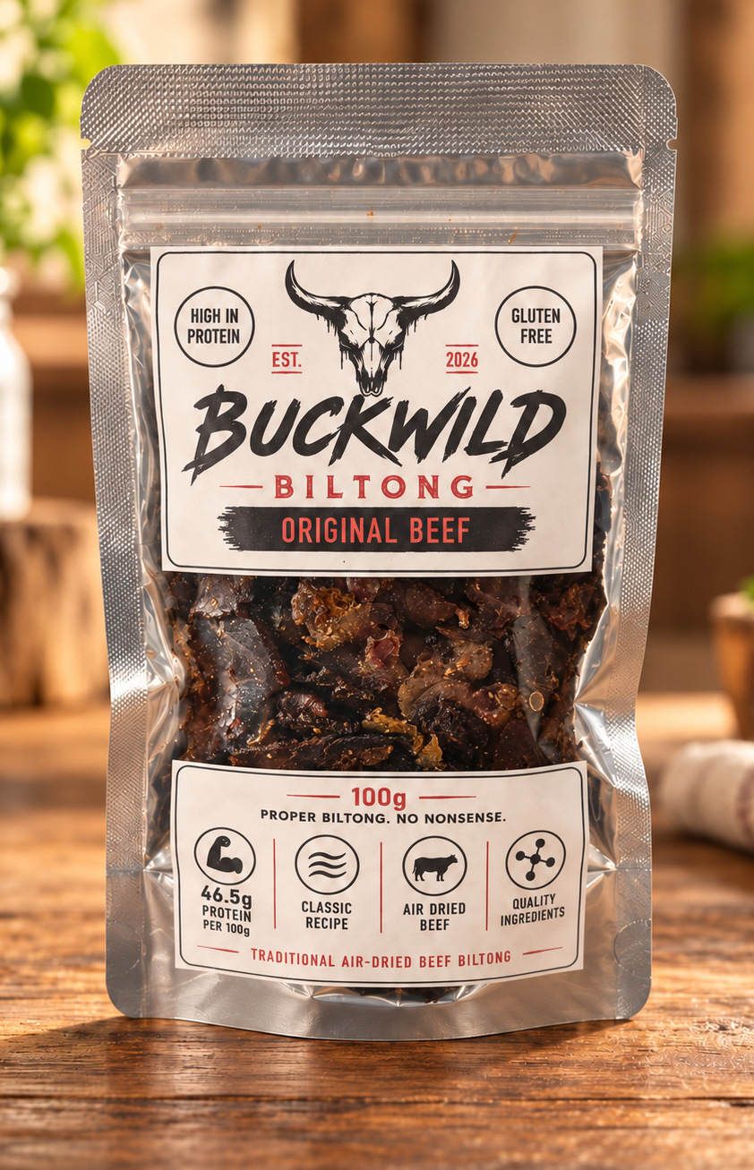 Actual Buckwild Original Beef silver pouch, with approved front stickers